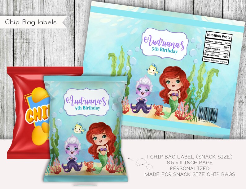 May include: A printable chip bag label featuring a mermaid and Ursula from Disney's The Little Mermaid. The label is personalized with the name "Audrianas" and the text "5th Birthday".