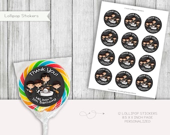 Rockband verjaardagsstickers lolly, gepersonaliseerde feestbedankjes (digitaal)
