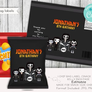 Rock N Band Birthday Snack Size Chip Bag Label, Classic Rock Labels, Boy Band Favors, Printable, Digital, Editable, 8.5x11, JPG, PDF