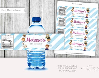 Princess Sisters Birthday Water Bottle Labels, Personalized (Digital)