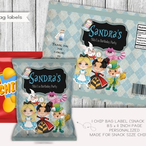 Alicia en el país de las maravillas cumpleaños Snack tamaño Chip bolsa etiqueta, etiquetas de princesa, favores de fiesta, personalizado, Digital