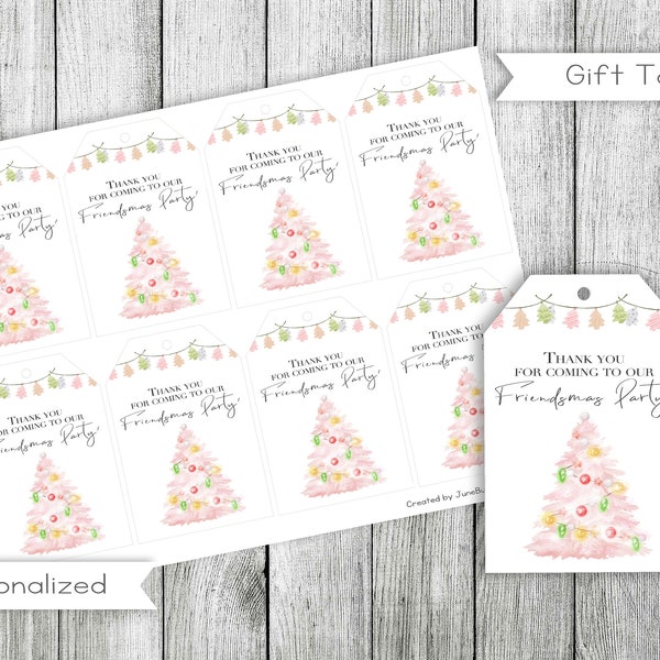 Pink Christmas Tree Friendsmas Party Thank you Gift Tags, Thank you for coming Favor Tag, Printable, Instant Download