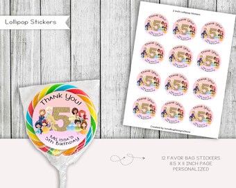 May include: Twelve 2-inch pink and gold lollipop stickers with a princess theme. The stickers feature a group of princesses with a gold number 5 and the text "Thank You! Melissa's 5th Birthday".