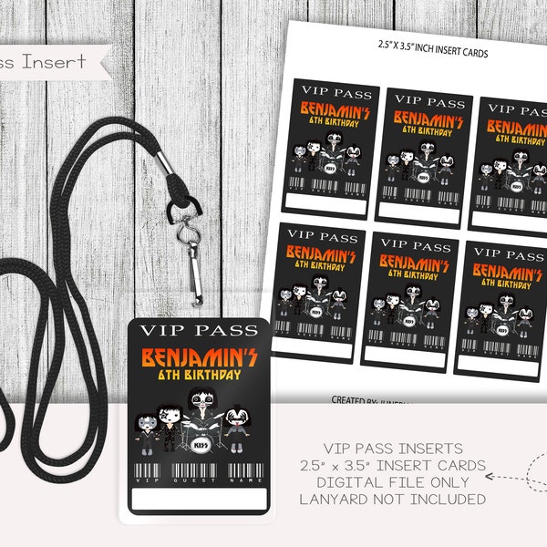 Rock N Roll Band Vip pass Inserts, Birthday Vip Inserts, Lanyard Inserts (3 x 4), Printable, Personalized, Digital File