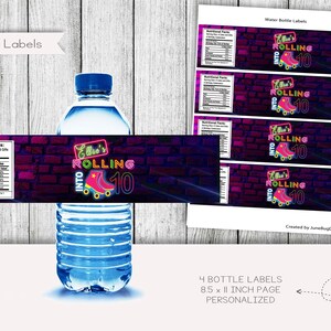 Roller Skating Birthday Water Bottle Labels, Bottle Wrapper Labels, Classic Rock Party Water Bottle Labels, Personalized, Digital