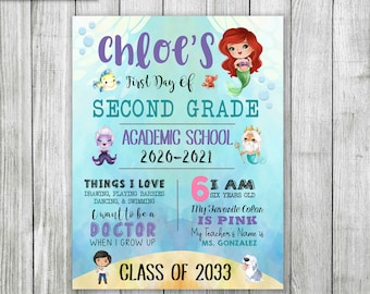 Letrero de La Sirenita para el primer día de clases, imprimible y personalizado (digital)