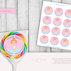 Ballerina Geburtstags-Lollipop Aufkleber, kleine Ballerina Gastgeschenke und Cupcake Toppers, digital, Sofort Download, 5 cm, JPG