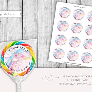 Autocollants de sucette d'anniversaire arc-en-ciel de licorne, faveurs de licorne, autocollants de tête de licorne, fête de licorne, anniversaire de licorne, personnalisé, numérique