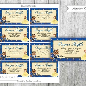 Tarjeta de rifa de pañales para baby shower de La Bella y la Bestia, tarjeta de rifa de pañales, rifa de pañales para baby shower, digital, descarga instantánea