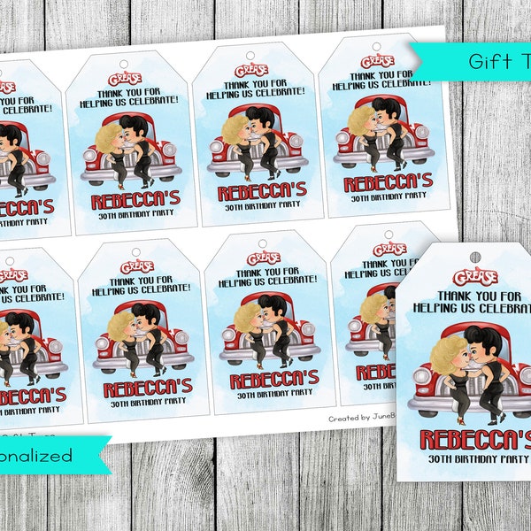 Rock and Roll Musical Birthday Merci Tags, High School Favor Tags Stickers, Retro 50's Classic Birthday, Personnalisé, Numérique