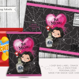 Creepy Halloween Girl Valentine's Day Snack Size Chip Bag Label, etiquetas del día de San Valentín, favores de fiesta, descarga instantánea, digital