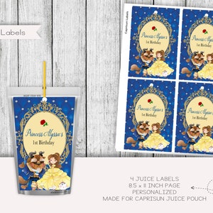 La belle et la bête anniversaire jus pochette étiquettes, cotillons, autocollants, imprimable, numérique, personnalisé