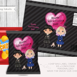 Creepy Halloween Girls Valentine's Day Snack Size Chip Bag Label, etiquetas del día de San Valentín, favores de fiesta, descarga instantánea, digital