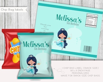 Arabische prinses verjaardagsnack maat chipzakje label, feestartikelen, etiketten, stickers, gepersonaliseerd, digitaal