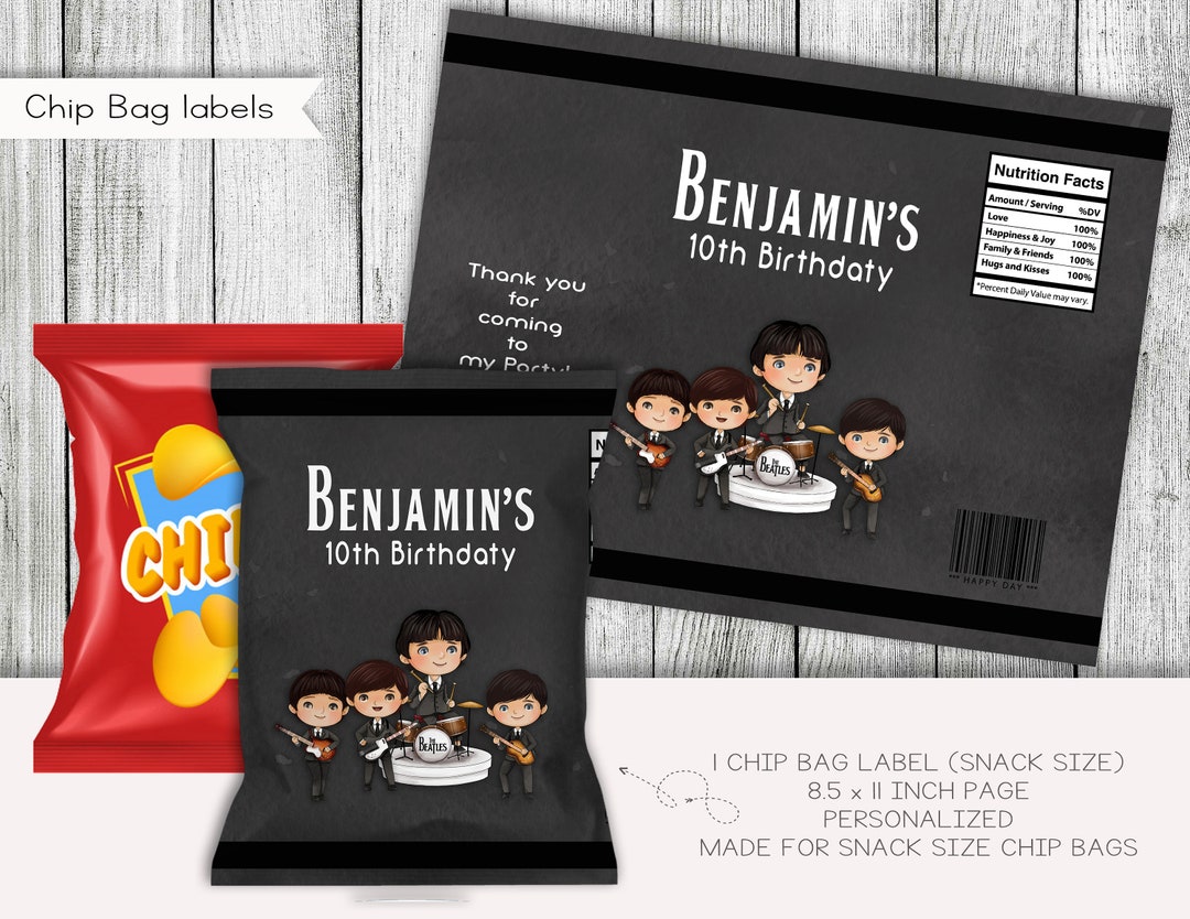 Rock Band Birthday Snack Size Chip Bag Label, Classic Rock Labels, Boy