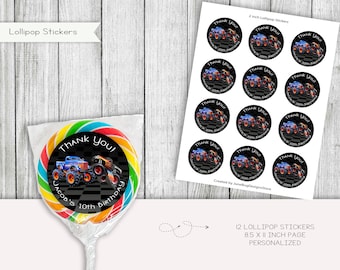 Monster Truck verjaardag lolly stickerlabels, auto's en vrachtwagens toppers, feestartikelen, afdrukbaar, digitaal, gepersonaliseerd