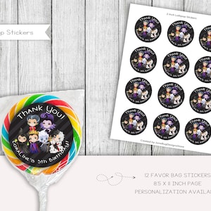 Girl Villains Birthday Lollipop Stickers, Favor Bag Stickers, Imprimable, Personnalisé, Fichier numérique