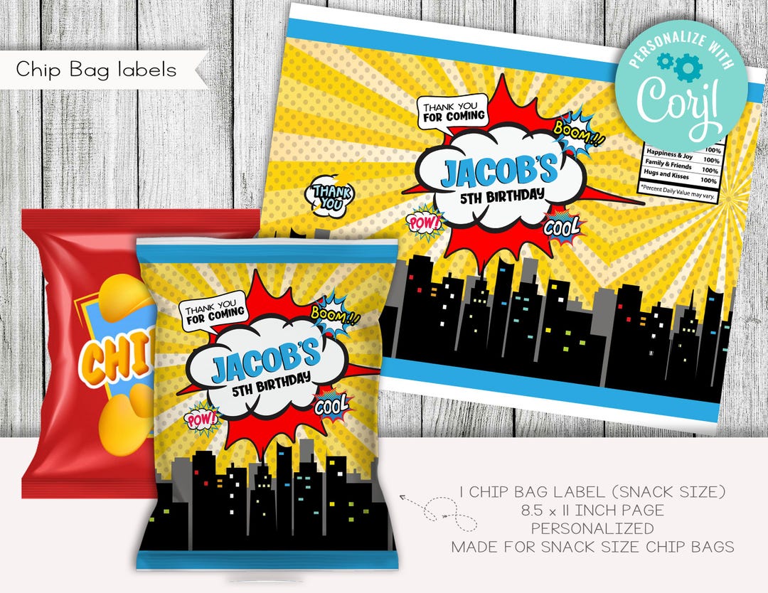 Superhero Birthday Chip Bag Labels, Editable Party Favors (digital) - Etsy