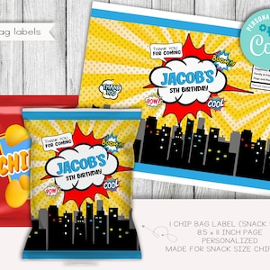 Superhero Comic Books Birthday Snack Size Chip Bag Labels, Party Favors, Labels, Printable, Digital, Editable, 8.5x11, JPG, PDF