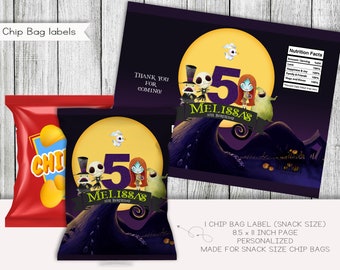 Nachtmerrie Halloween Verjaardag Snack Grootte Chipzakje Etiketten, Feestartikelen, Labels, Afdrukbaar, Gepersonaliseerd, Digitaal