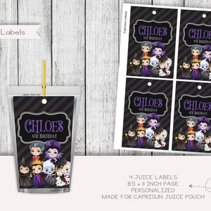 Étiquettes de pochette de jus d'anniversaire de fille Viallains, cotillons, autocollants, imprimables, numériques, personnalisés