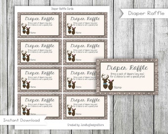 May include: Printable diaper raffle cards with a rustic woodgrain background and a cute deer couple design. The text reads "Diaper Raffle" and "Bring a pack of diapers (any size) for a chance to win a special prize".