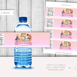 Princess Friends Birthday Water Bottle Labels, Bottle Wrappers, Stickers, Party Favors, Printable, Digital, Personalized