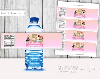 Princess Friends Birthday Water Bottle Labels, Bottle Wrappers, Stickers, Party Favors, Printable, Digital, Personalized