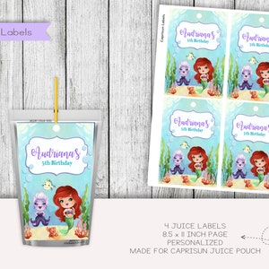 May include: Four printable juice box labels featuring a mermaid and Ursula from Disney's The Little Mermaid. The labels are designed for Capri Sun juice pouches and are 8.5 inches by 11 inches. The labels are personalized with the name "Audriana's" and the text "5th Birthday".