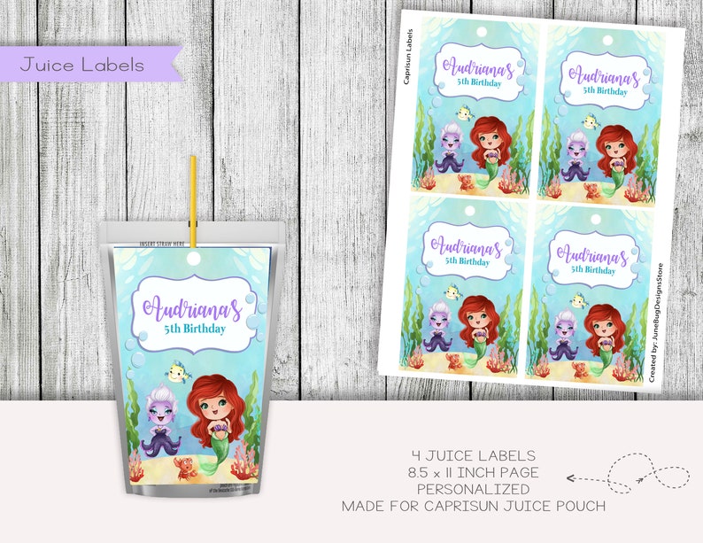 May include: Four printable juice box labels featuring a mermaid and Ursula from Disney's The Little Mermaid. The labels are designed for Capri Sun juice pouches and are 8.5 inches by 11 inches. The labels are personalized with the name "Audriana's" and the text "5th Birthday".