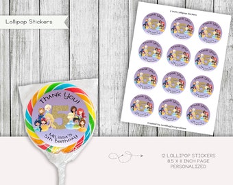 May include: Twelve 2 inch lollipop stickers featuring a purple background with a gold glitter number 5 and a group of cartoon princesses. The text "Thank You!" is printed in black and the text "Melissa's 5th Birthday" is printed in white.