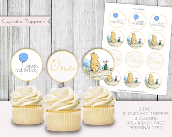 Winnie the Pooh Cupcake Toppers, Personalized Birthday Party (Digital Download)