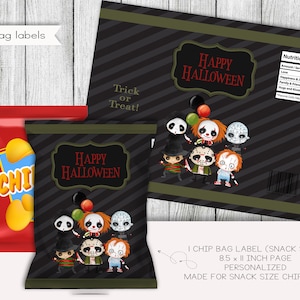 Horror Movie Halloween Party Snack Size Chip Bag Labels, Halloween Party Favors, Labels, Printable,  Instant Download, Digital