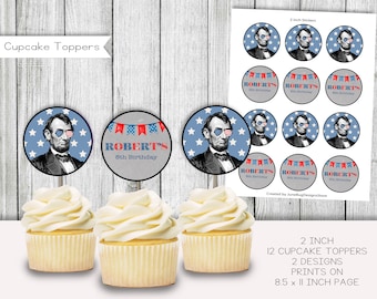 Gepersonaliseerde patriottische cupcaketoppers, Abraham Lincoln-verjaardag (digitaal)