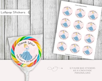 Baby Cinderella Geburtstags-Lollipop Aufkleber Etiketten, Topper, Gastgeschenke, bedruckbar, digital, personalisiert