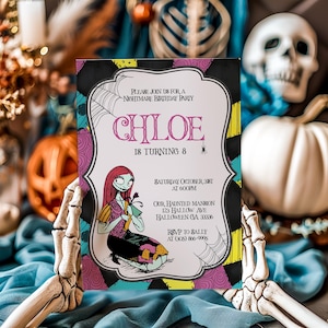 May include: A colorful birthday invitation featuring a character from the movie The Nightmare Before Christmas. The invitation is for Chloe's 8th birthday party. The text on the invitation reads: "Please join us for a Nightmare Birthday Party, Chloe is turning 8, Saturday October 31st at 6:00pm, Our Haunted Mansion 123 Hallow Ave Halloween GA 33336, RSVP to Sally at (305) 866-9995."