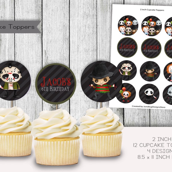 Horror Movie Baby Shower Cupcake Toppers, Scary Movie Cupcake Toppers, Halloween Baby Shower Cupcake Toppers, Personalized, Digital