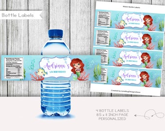Etiquetas para botellas de agua de cumpleaños de La Sirenita, envoltorios para botellas, regalos de fiesta, personalizadas, imprimibles, archivo digital