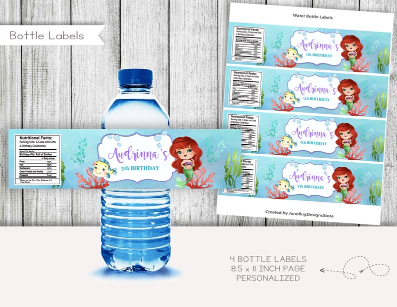 May include: Four printable water bottle labels featuring a mermaid with red hair and a purple tail. The labels are decorated with sea life and bubbles. The text on the labels reads "Audrinna's 5th Birthday".