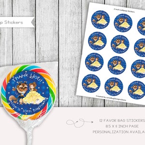 Etichette adesive per lecca-lecca di compleanno della bella e la bestia, toppers principessa, bomboniere, stampabili, digitali, personalizzate