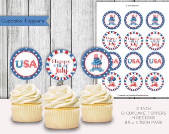 4th of July Cupcake Toppers, 4th of July Stickers, 4th of July Tags, Favors and Lollipop Stickers, digital, Instant Download