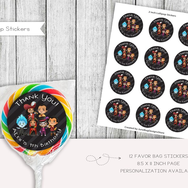 Boy Villains Birthday Lollipop Stickers, Favor Bag Stickers, Printable, Personalized, Digital File