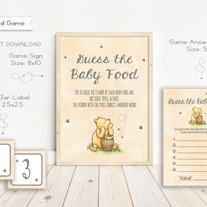 Jeu de devinettes de nourriture pour bébé classique Winnie l'ourson, panneau, cartes à jouer et étiquettes, imprimable, numérique, téléchargement immédiat