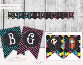 Banner de revelación de género de Pesadilla antes de Navidad, baby shower de Halloween (archivo digital)
