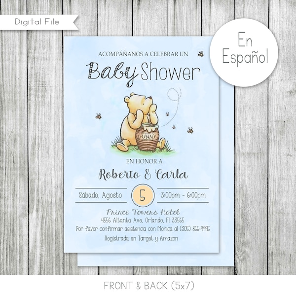 Spanish Classic Winnie the Pooh Baby Shower Invitation, Classic Bear Party Invitation, Printable, Digital, Personalized