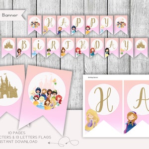 Bannière d&#39;anniversaire d&#39;amis de princesse, bannière de joyeux anniversaire, signe d&#39;anniversaire de petites princesses, fichier numérique, téléchargement immédiat