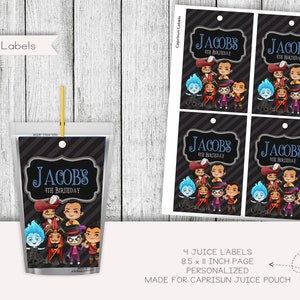 Étiquettes de pochette de jus d'anniversaire de garçon Viallains, cotillons, autocollants, imprimables, numériques, personnalisés
