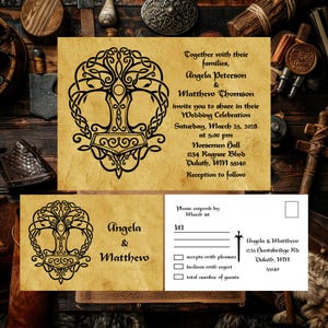 Viking Norse Tree of Life Wedding Invitation, Natural Parchment Style, Thor&#39;s Hammer Tree of Life Handfasting Wedding, Viking Wedding Design