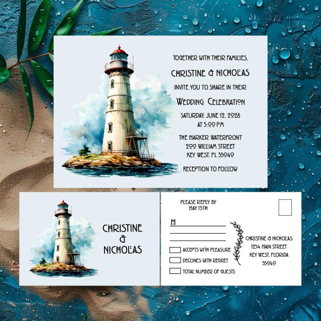 Beach Lighthouse Wedding Invitation, Beach Invite and RSVP, Sunset ...