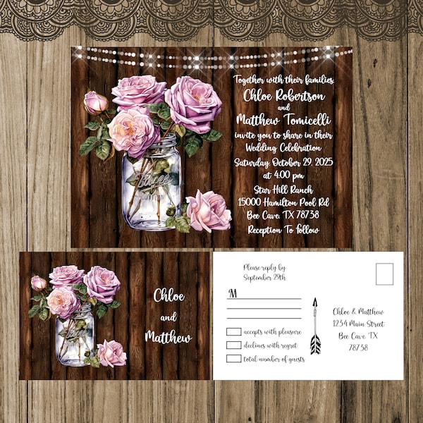 Rustic Mason Jar Wedding Invitation, Rustic Country Purple Roses, Fairy Lights, Barn Wood, Shabby Chic Country Invite, Mason Jar Invitation